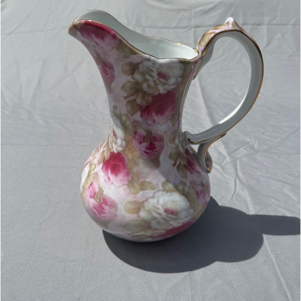 Formalities by Baum Bros Soft Roses Collection Porcelain Pitcher Gold Trim 9in